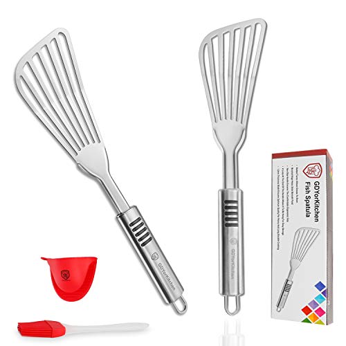 Fish Spatula - Stainless Steel Slotted Turner with Durable 1.2mm Thickness Blade for Fish/Egg/Meat/Dumpling Turning, Flipping, Frying and Grilling, Free Silicone Brush and Bonus Oven Mitt - Set of 2